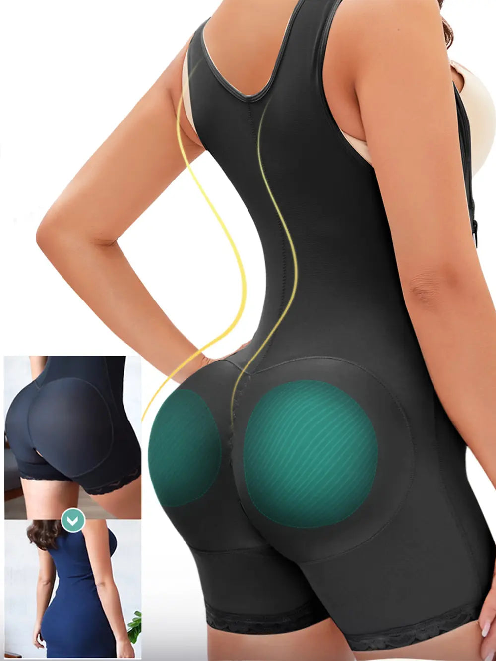 Black shapewear with teal accent on a person, with inset images showing before and after effects.